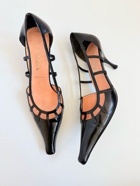 PRADA Archival Y2K Black Leather Cage Cutout Pointed Toe Kitten Heel Pumps EU 40